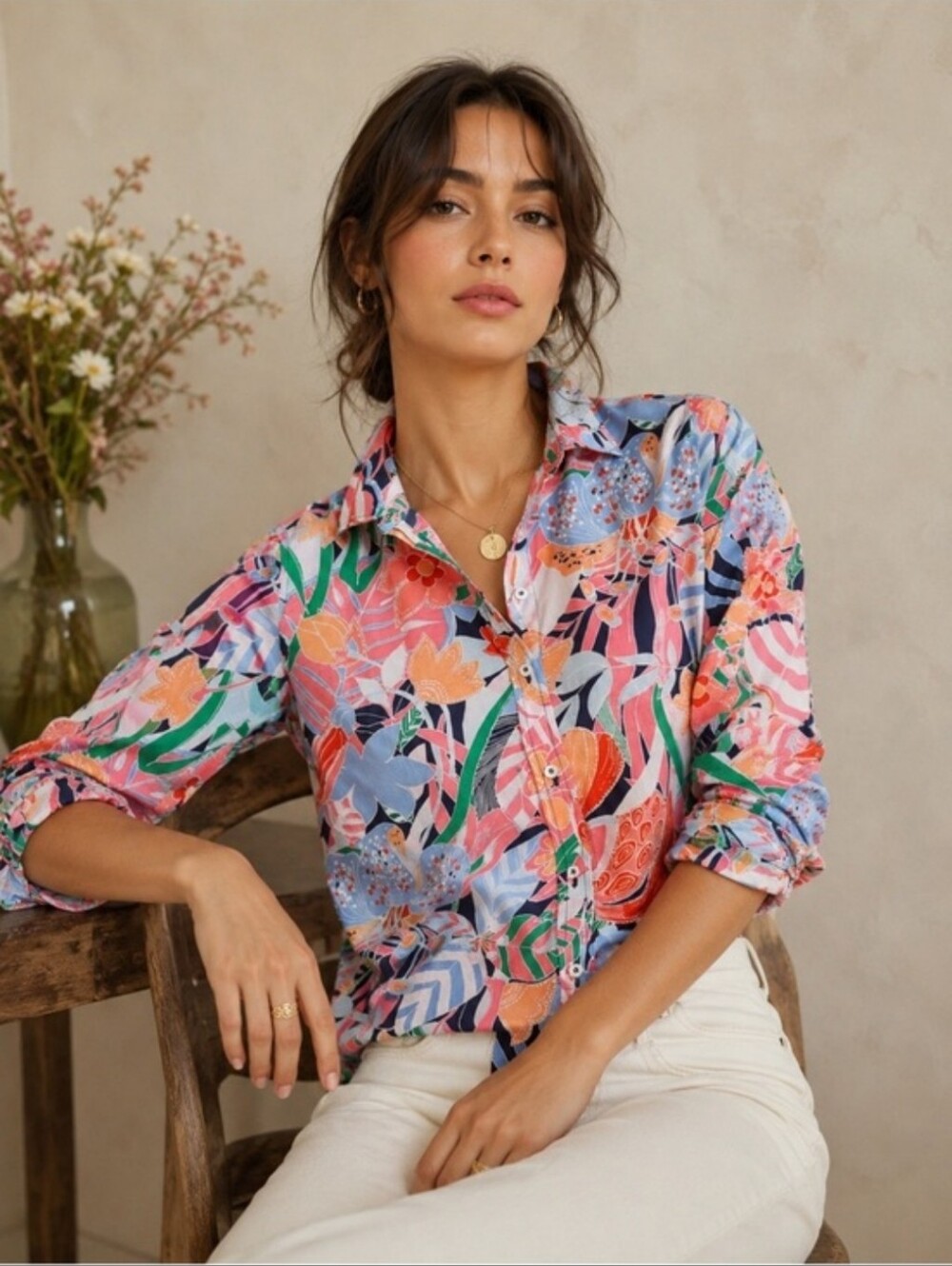 🆕 Talbots Floral Print Button-Down Cotton Shirt - Multicolor, Size XL